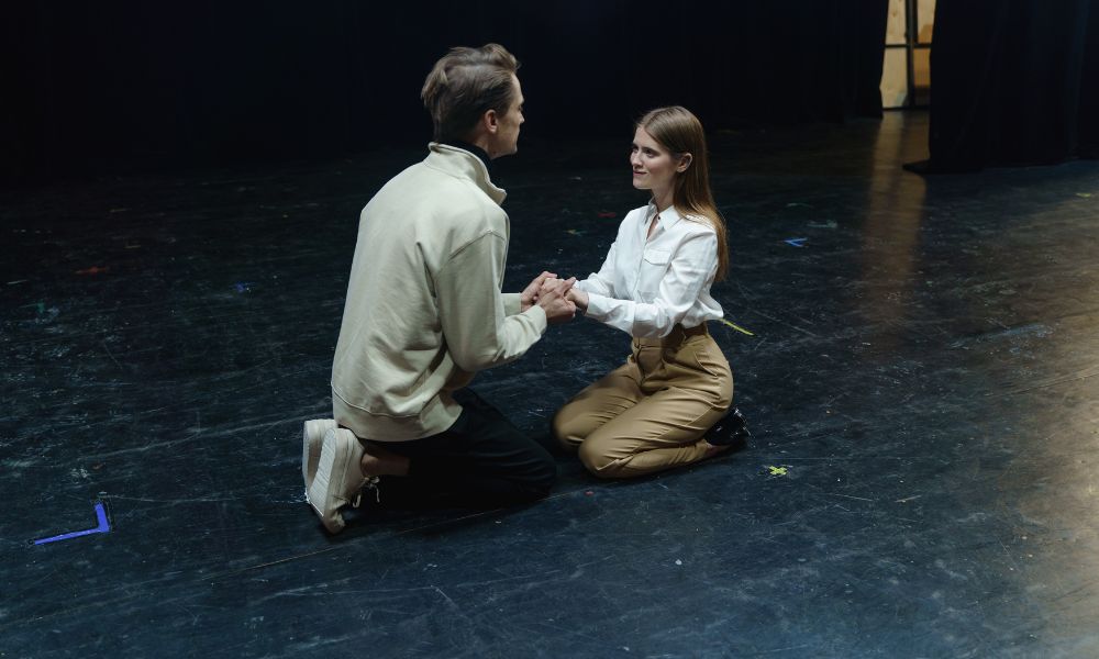 Two students doing Meisner’s repetition acting exercise.