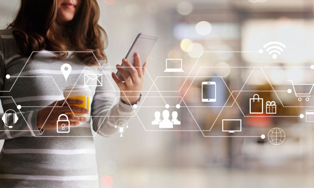 Woman holding a mobile device and a diagram depicting the various customer service channels.