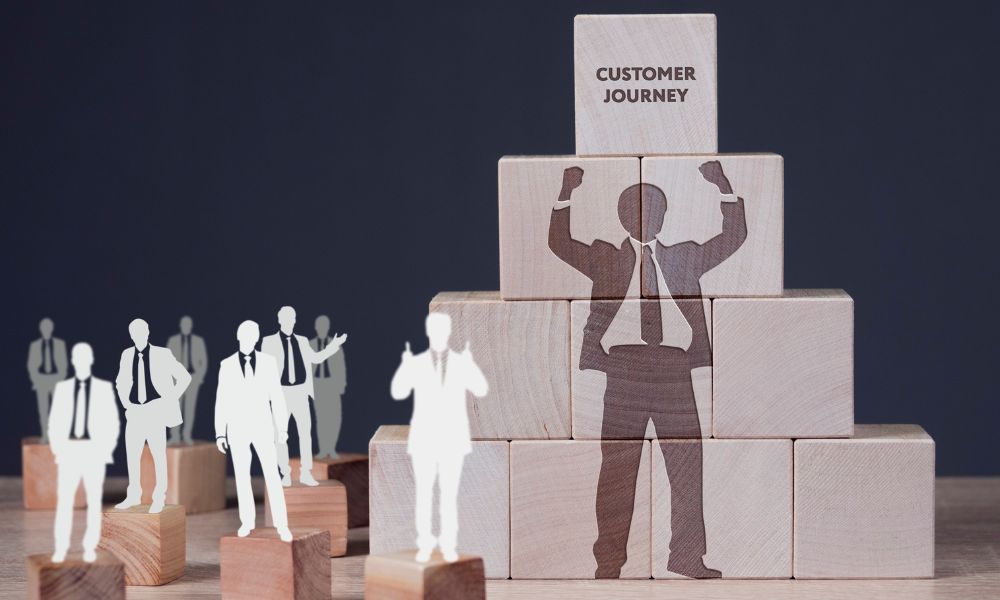 Cutouts and wooden blocks illustrating the omnichannel customer journey.