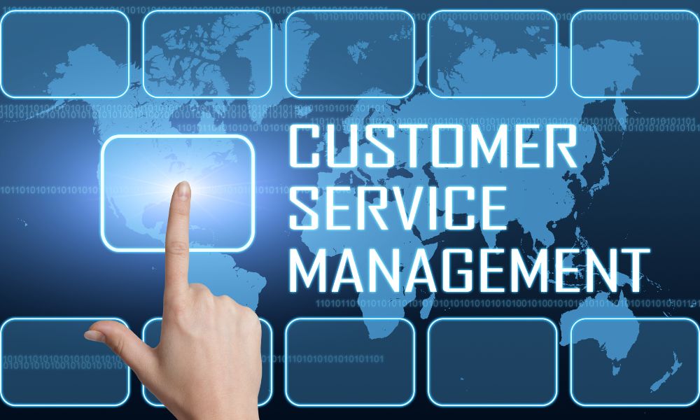 World map with customer service management written over it on a digital screen.