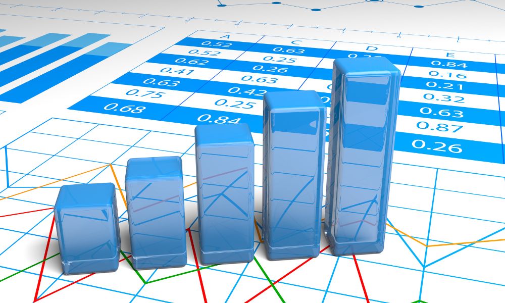 Sales forecast with a 3-dimensional graph in the foreground.
