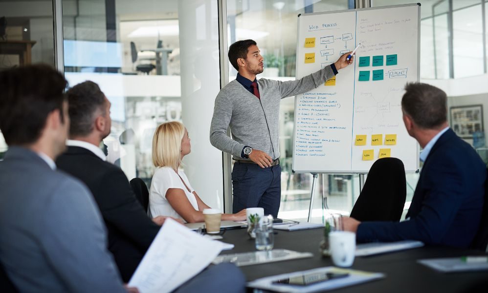 Man presenting a sales proposal as part of the presales process.
