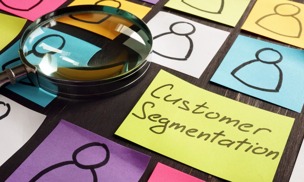 Magnifying glass and different colour sticky notes with figures drawn on them and customer segmentation written on one of the notes.