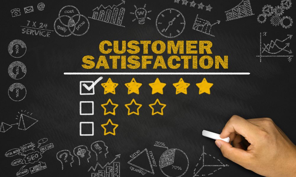 A customer satisfaction rating written on a chalkboard.